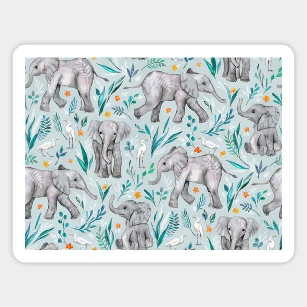 Baby Elephants and Egrets in Watercolor - egg shell blue Magnet by micklyn